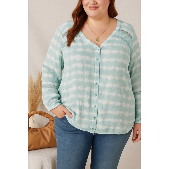 Lane Bryant Button Front Blouse Plus 26/28 Blue‎ White Boho Tie Dye Lightweight - Picture 1 of 15